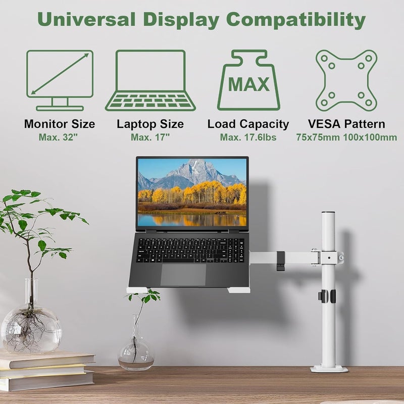 UPGRAVITY White Laptop Desk Mount with Vented Tray for Notebook up to 17 inch, Fully Adjustable Single Laptop Arm Stand Holds up to 17.6 lbs, Clamp on/Grommet Mounting - Image 2